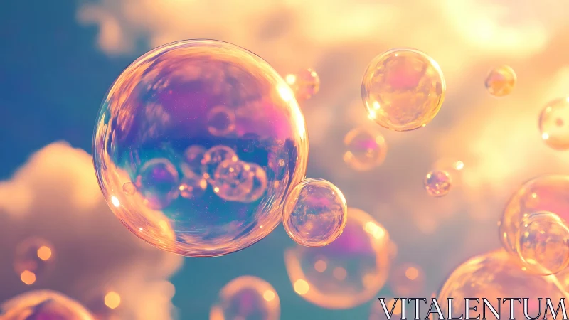 Iridescent soap bubbles in warm sunset backlight, shallow depth