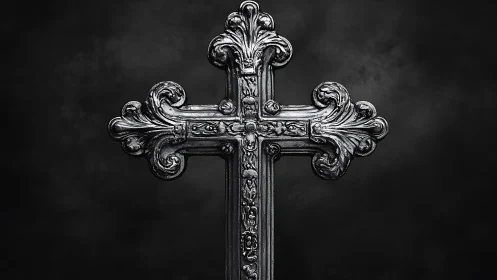 Baroque silver cross with ornate relief on dark vignette.