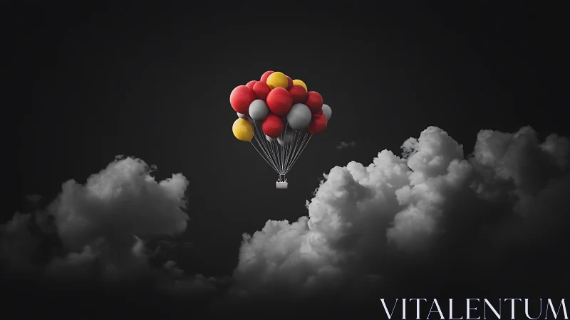 Cluster of hopeful balloons drifting above storm-dark clouds.