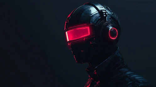 Futuristic cyborg helmet with red visor in dark profile