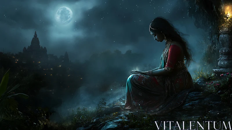Moonlit temple dreamer in jeweled silence of the hills.