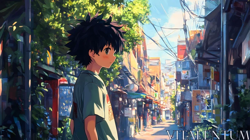 Sunlit alleyway daydream with a shy anime wanderer.