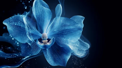 Digital painting of luminous blue orchid on abyssal void background.