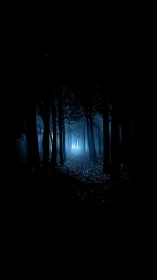 Dense forest at night with blue backlight through trees.