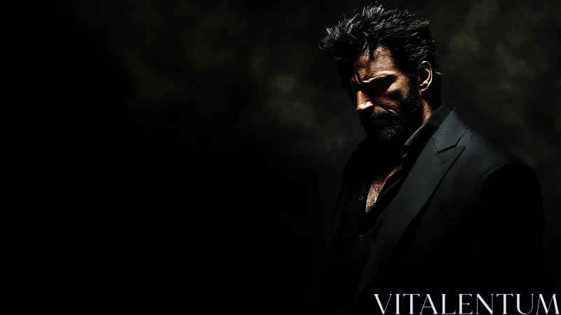 Brooding bearded man in dark suit against shadowed void.