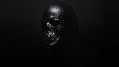 Gleaming dark skull wrapped in shadowed, mysterious cloth.