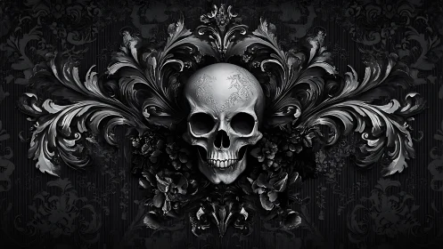 Human skull with symmetrical baroque floral ornamentation.