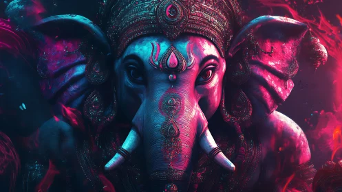 Digital rendering depicts ornate elephant-headed figure in neon