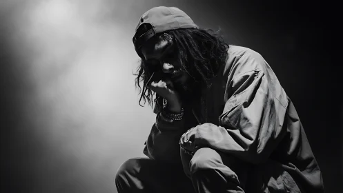 Moody hip hop performer kneels under stark stage spotlight.