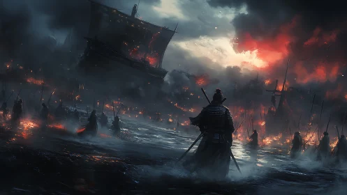 Samurai warriors advance through burning coastal warships at dusk