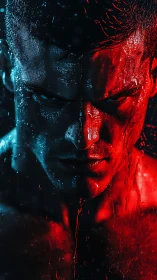 Bicolor wet portrait with split red blue cinematic lighting
