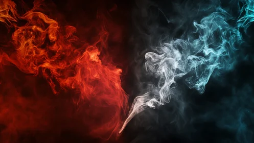 Digital painting of opposing red and blue elemental smoke streams.