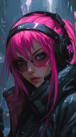 Neon pink street operative in reflective cyberpunk headset.