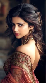 Luminous portrait of woman in embroidered rose-gold drape.