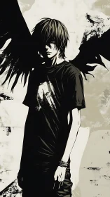Shadow-winged teen standing between darkness and light.