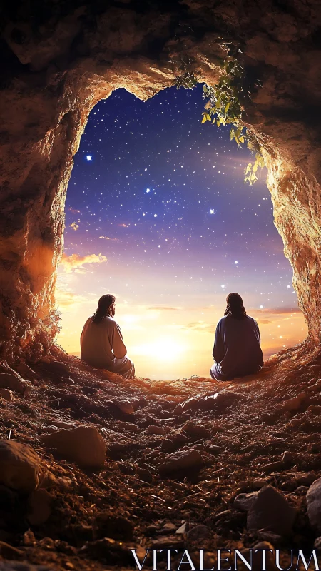 Cave silhouettes observe starry sky over luminous sunrise.