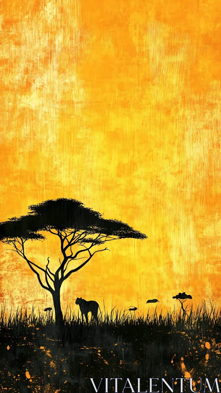 Lone savanna predator pauses beneath a blazing dusk sky