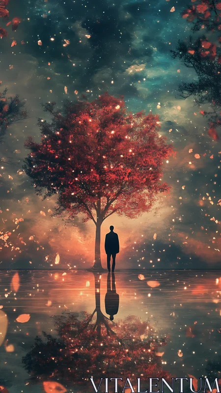 Silhouetted figure beneath ember tree in celestial haze.