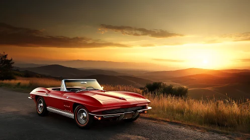 Red classic convertible parked on rural road at sunset.
