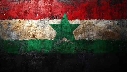 Weathered tricolor flag mural with central green star emblem.