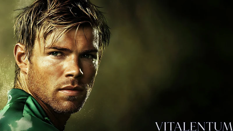 Cinematic close-up portrait of athletic man in green jersey