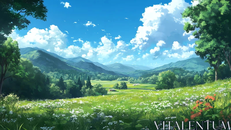 Sunlit mountain valley with green meadows and flowers.