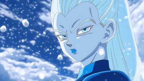 Icy blue warrior portrait in stylized anime snowfall scene.