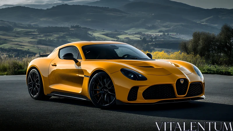 Yellow supercar on mountain road under dramatic daylight.