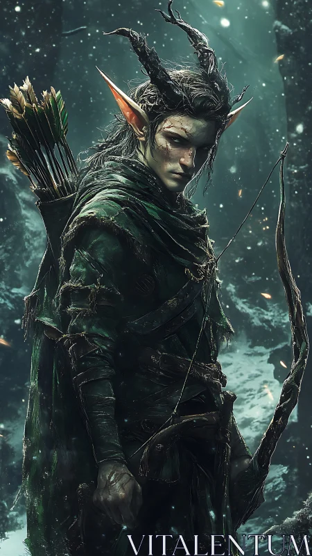 Forest elf archer stands ready amid swirling winter magic