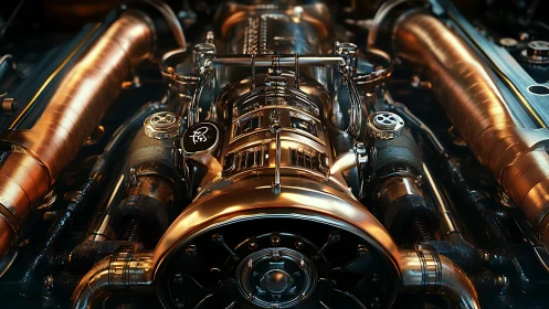 Highly detailed metallic engine core with copper pipes.