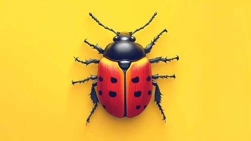 Ladybug style beetle on flat yellow background.