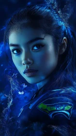 Futuristic blue portrait of focused woman in neon light.