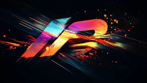 Bold abstract 3D letter R with neon streaks and splashes.