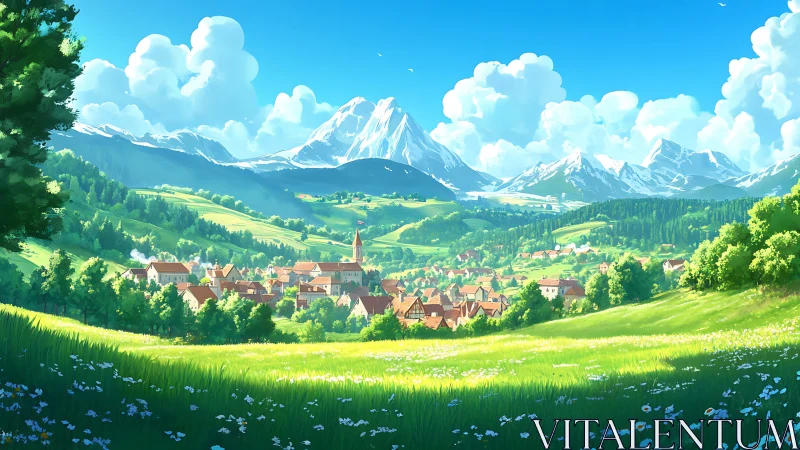 Idyllic alpine valley village under stratocumulus buildup.