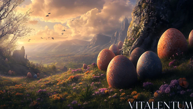 Fantasy valley with carved dragon eggs at sunrise.