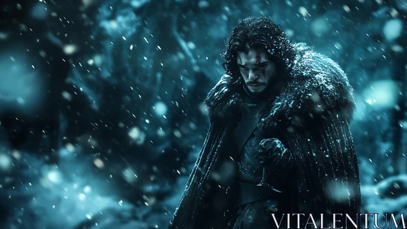 Solitary warrior in snowstorm with dark fur cloak.