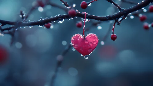 Crimson Heart Adorned with Dewdrops Hanging from Frost-Covered Branch.