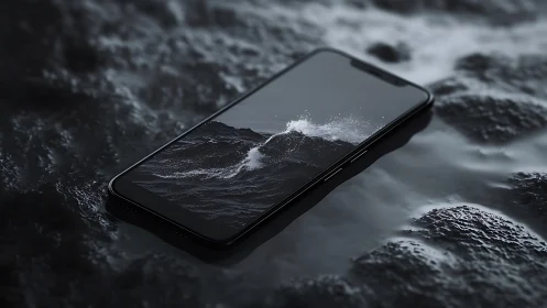 Water-resistant smartphone with ocean wave display on wet rock