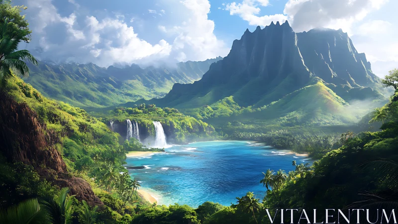 Mountainous tropical valley with waterfall and turquoise lagoon