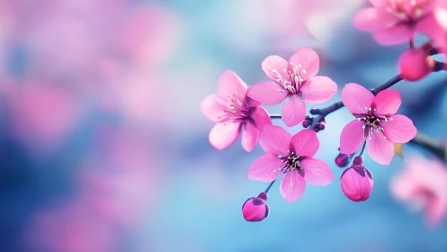 Pink Cherry Blossoms on Blue Gradient Background.