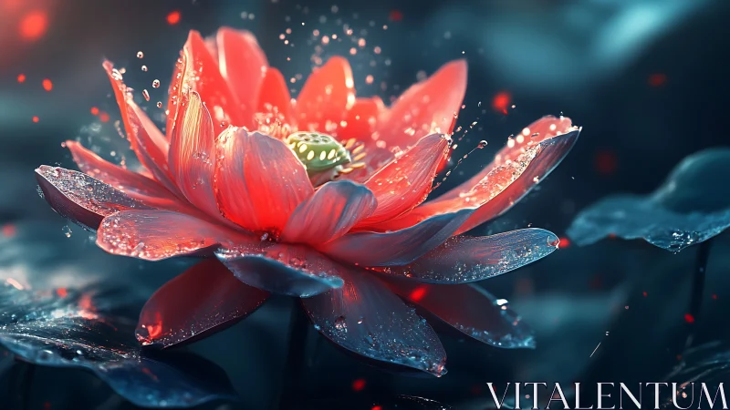 Red Lotus Bloom with Water Droplets Against Dark Blue