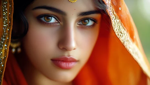 Hyperreal portrait under embroidered orange veil, frontal gaze.