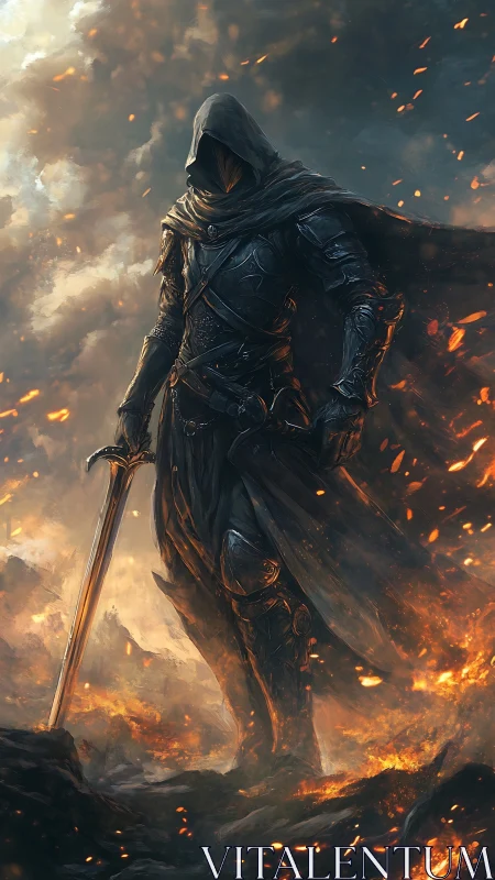 Hooded armored warrior with sword amid burning embers.