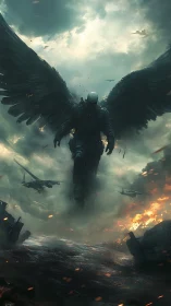 Winged armored figure descending over burning battlefield.