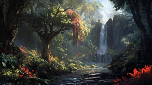 Enchanted Forest Waterfall with Vibrant Flora.