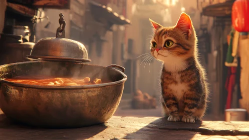 Orange tabby cat observing steaming cauldron in misty street.