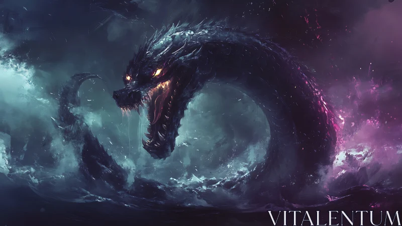 Sea serpent creature rises from stormy bioluminescent ocean