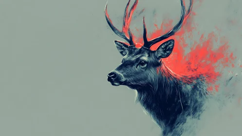Digital stag portrait with neon antlers on muted field.
