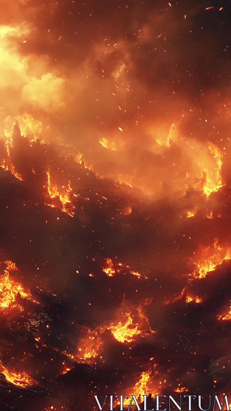 Wildfire landscape with active flame fronts and ember dispersal.