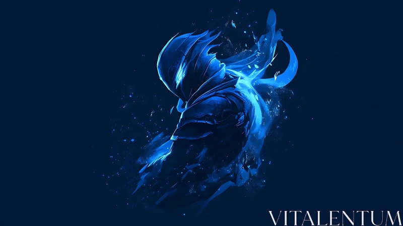 Spectral blue rogue silhouette in dynamic digital abstraction.